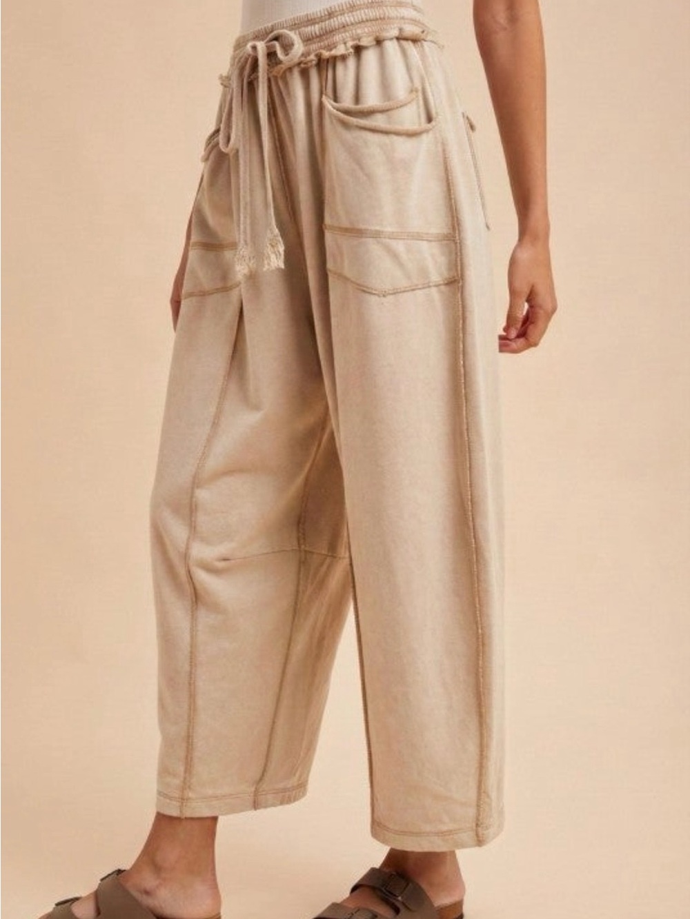 Wide-Leg Drawstring Cargo Pants in Beige